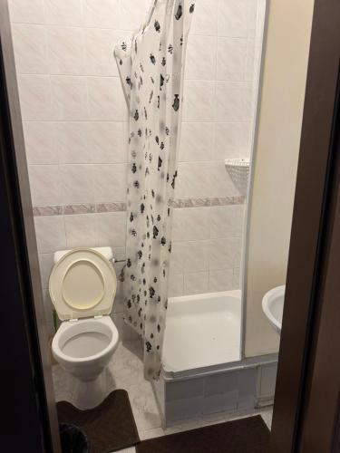 a bathroom with a toilet and a shower curtain at Готель "Український Дворик" in Lviv