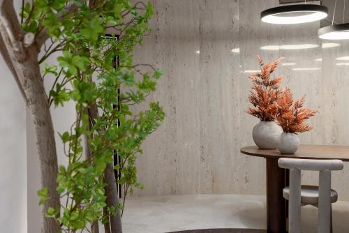 a table with two vases and plants on it at Hotel Aptos Alejandra Home by Maxi Hoteles in Granada