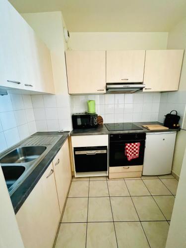 une petite cuisine avec un évier et une cuisinière dans l'établissement Stylish apartment a stone's throw from Disneyland Paris, à Serris