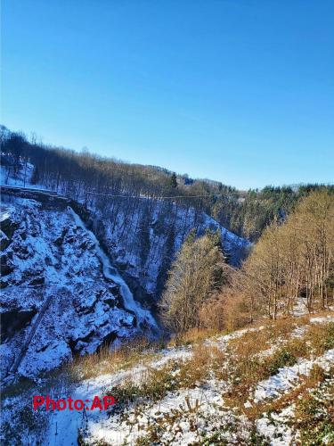 a snow covered hill with a river and trees at La Tanière du Lac in Robertville