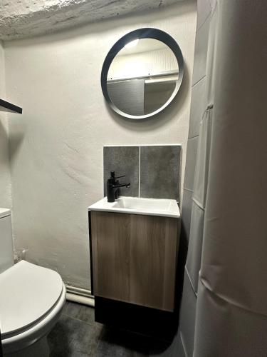 une salle de bain avec toilettes, lavabo et miroir dans l'établissement La Clé Studio Proche Port - Gare - Wifi, à Toulon