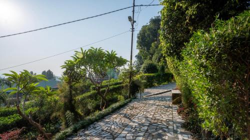 a stone path with trees on the side of a hill at Secret Garden by The StayCationer in Dehradun