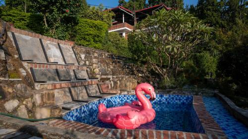a pink flamingo in a pool in a yard at Secret Garden by The StayCationer in Dehradun