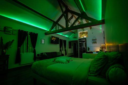 a green room with a bed and a couch at La suite BLR in Villemandeur