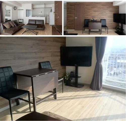 a living room and a living room with a table and a television at 27Ams in Sapporo