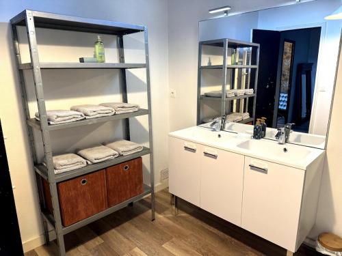 une salle de bain avec un lavabo et un miroir dans l'établissement ღ Merciers Duplex de charme au centre historique, à La Rochelle
