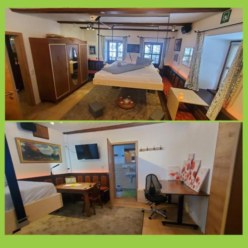 two pictures of a bedroom and a living room at Apparthotel - Pension Ammertaler Hof in Saulgrub