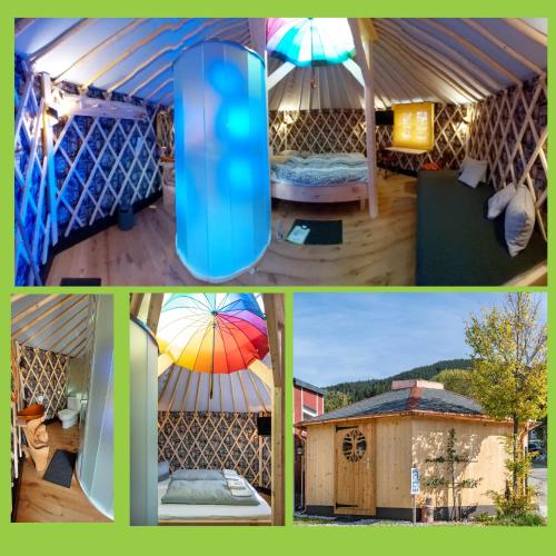 a collage of three pictures of a yurt at Apparthotel - Pension Ammertaler Hof in Saulgrub