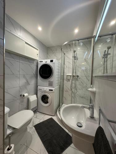 a bathroom with a washing machine and a sink at Luxury Apartment with Hot Tub in Is-Swieqi