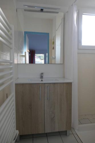 une salle de bain avec un lavabo et un miroir dans l'établissement Maison 4 personnes avec piscine, à Dolus-d'Oléron