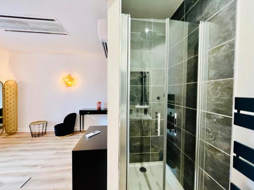 La salle de bains est pourvue d'une douche en verre et d'un bureau. dans l'établissement Vue Loire, hypercentre, spacieux, familial, climatisé, le Quai de Loire, à Blois