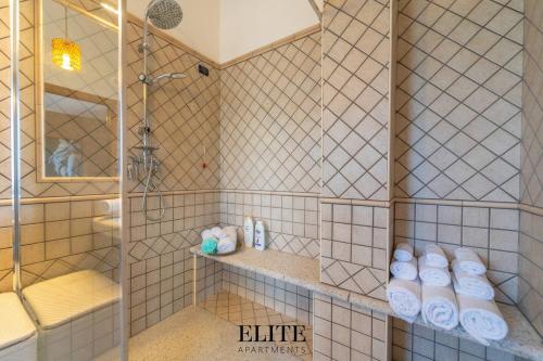 a bathroom with a shower and some towels at Lussuosa Villa con piscina a Porto Rotondo in Cugnana