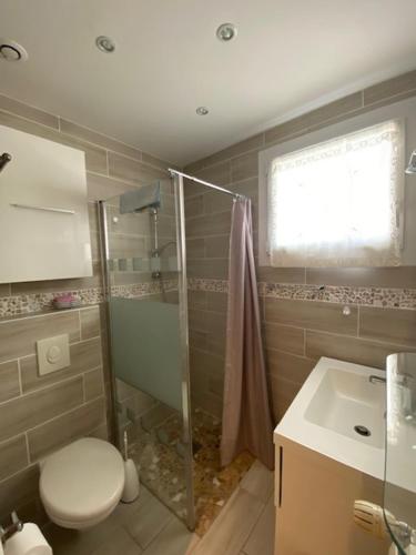 une salle de bain avec une douche, des toilettes et un lavabo dans l'établissement Maison de ville 4pers avec jardinet et garage - V0549, à Vias