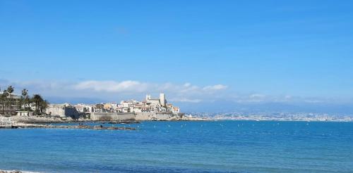 Une grande masse d'eau avec une ville en arrière-plan dans l'établissement Appartement familial au coeur du Vieil Antibes, à Antibes