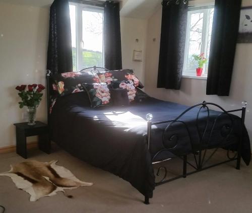 a black bed in a bedroom with windows at Pantysgyfarnog near Carmarthenshire Pembrokeshire in Carmarthen