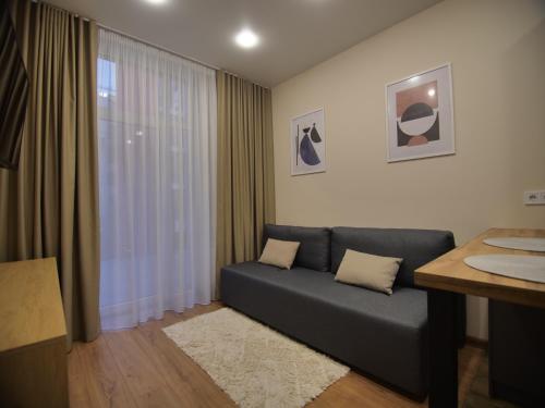 a living room with a couch in front of a window at Smart House Apartments in Lviv