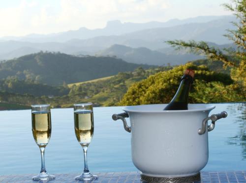 two glasses of wine and a bucket of champagne at Quinta dos Pinhais Pouso e Charme in Santo Antônio do Pinhal
