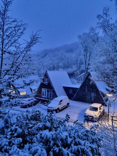 two cars parked in a yard covered in snow at La petite maison Durbuy in Durbuy
