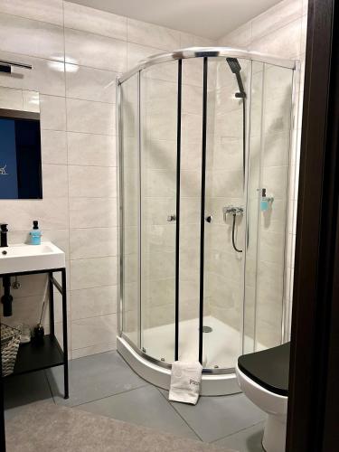 a shower in a bathroom with a toilet and a sink at Piano in Nowy Sącz