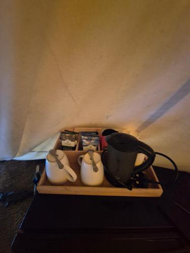 a tray with a tea pot and a tea kettle at Burtree Country House, Tipi's, Treehouse & Lodge & house rooms with hot tubs in a private garden in Thirsk