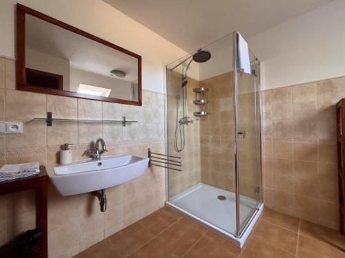 a bathroom with a glass shower and a sink at Penzion Terezka in Králíky