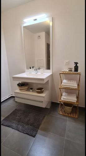 une salle de bain avec un lavabo blanc et un miroir dans l'établissement Le Central - Bel appartement lumineux proche Paris, à Saint-Ouen