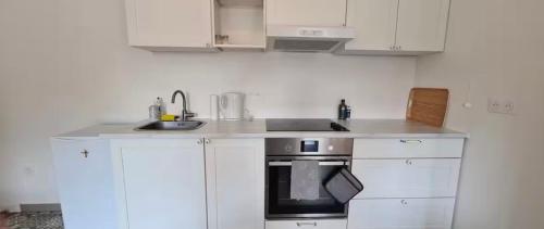 une cuisine blanche avec un évier et une cuisinière dans l'établissement Le Central - Bel appartement lumineux proche Paris, à Saint-Ouen