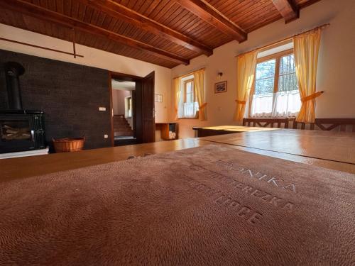a living room with a fireplace and a rug on the floor at Penzion Terezka in Králíky