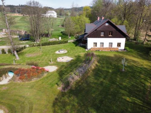 an aerial view of a house with a yard at Penzion Terezka in Králíky