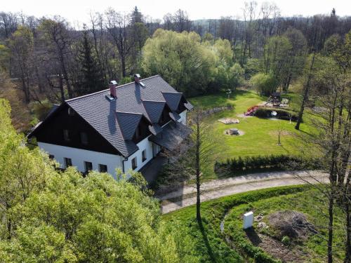 an aerial view of a house with a yard at Penzion Terezka in Králíky