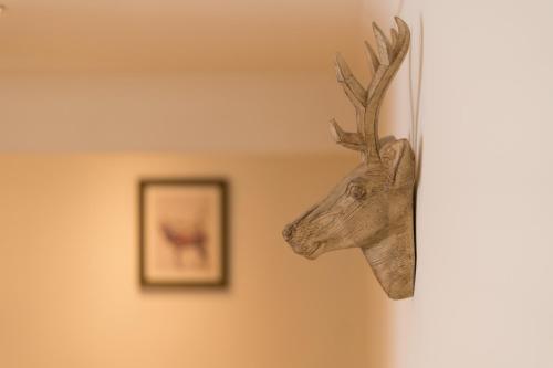 a wooden head of a deer hanging on a wall at The Heronry Hideaway with luxury hot tub in Ballachulish