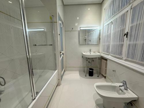 a white bathroom with a shower and a sink at Palacio Pampinot in Hondarribia