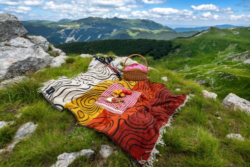 a blanket with a basket on top of a mountain at Swissôtel Resort Kolasin in Kolašin