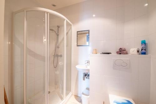 une salle de bain blanche avec douche et toilettes dans l'établissement La Perle Isolée - Grand appartement contemporain et chaleureux près de Pontarlier, à Doubs