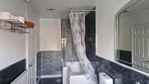 ダラムにあるAmani 2-Bed Bungalow - Sleeps 4 - Pet Friendlyのシャワー、トイレ、洗面台付きのバスルーム