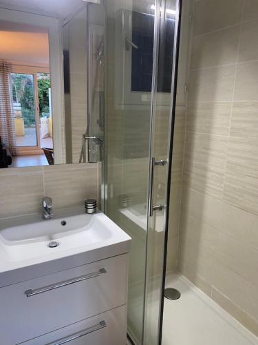 une salle de bain avec douche et lavabo dans l'établissement Studio terrasse proche plage, au Cap d'Agde