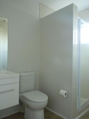 a white bathroom with a toilet and a shower at Seafront! Home in Boggomsbay in Boggomsbaai