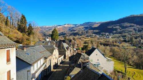 eine Luftaufnahme eines Dorfes in den Bergen in der Unterkunft Chez Madeleine, Entre le Lioran et Vic-sur-Cère in Thiézac