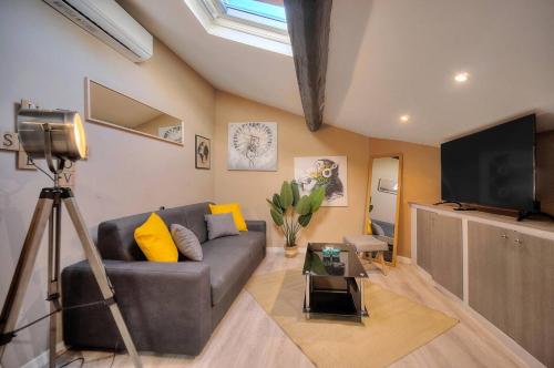 un salon avec un canapé et une télévision à écran plat dans l'établissement Studio Cannes, à Cannes