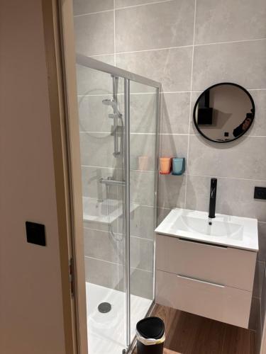 une salle de bain avec une douche, un lavabo et un miroir dans l'établissement Appartement face au château, à Murol