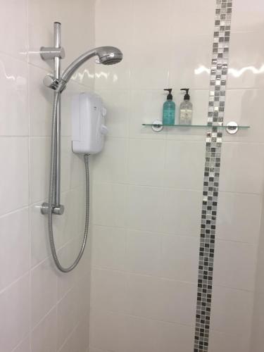 a shower with a shower head in a bathroom at Basingstoke En Suite Room in Garden Annex in Basingstoke