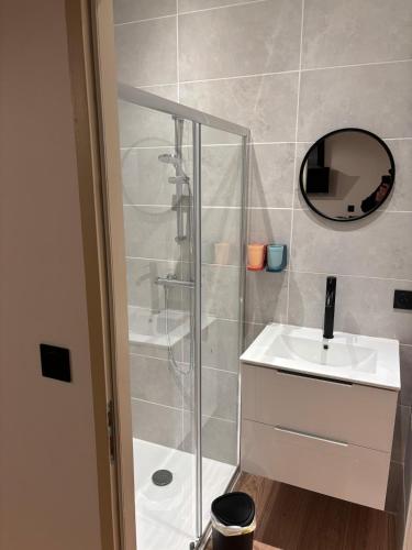 une salle de bain avec une douche, un lavabo et un miroir dans l'établissement Appartement de la côte, à Murol
