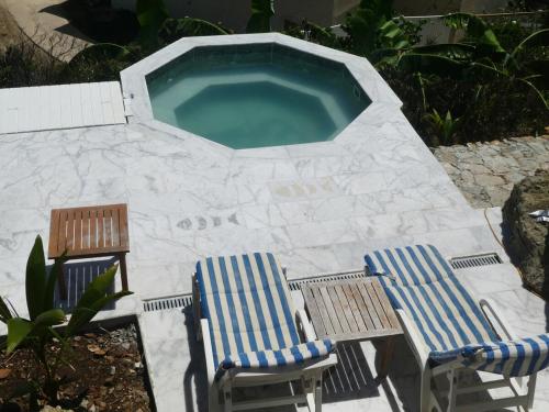 two chairs and a swimming pool with two chairs and two chairs at Well maintained and makes you feel right at home in Oyster Pond