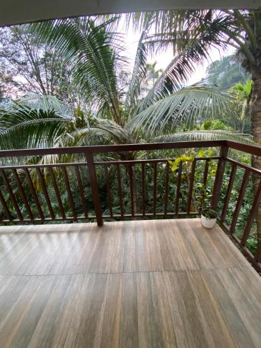 a wooden deck with palm trees in the background at The Lovely Home Stay in Munnar