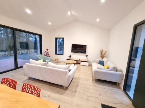 un salon avec deux canapés et une table dans l'établissement Maison design en bord de lac, à Saint-Jean-de-Monts