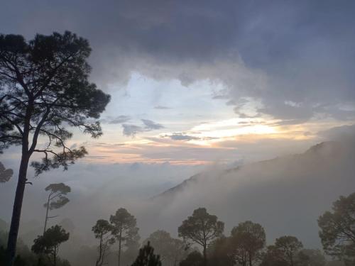 a view of a foggy valley with trees and a mountain at The Sky Mountain Kufri I Serviced Villa I Balcony I Valley and Mountain View I Family Groups & Bonfire I Memories & Enjoyment Villa I Operated Charvi Retreat by Exotic Stays in Kūfrī
