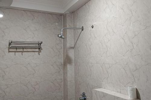 ニューデリーにあるHotel Sky Viewの石壁のバスルーム(シャワー付)