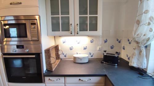 a kitchen with a counter top with a stove top oven at Ferienhaus Harmony in Übersee