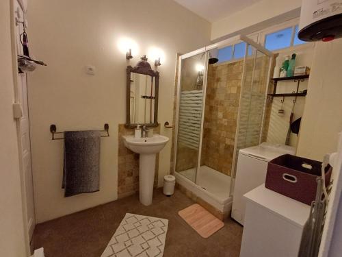 une salle de bain avec un lavabo, une douche et des toilettes dans l'établissement Appartement vue panoramique, à Carcassonne