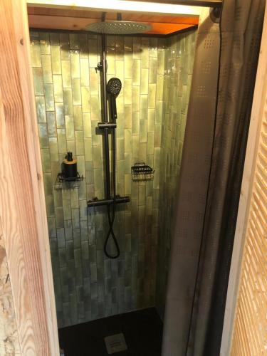 d'une douche avec une porte en verre et un pommeau de douche. dans l'établissement villa spacieuse piscine jacuzzi 8 chambres 22 couchages, à Saint-Chamas